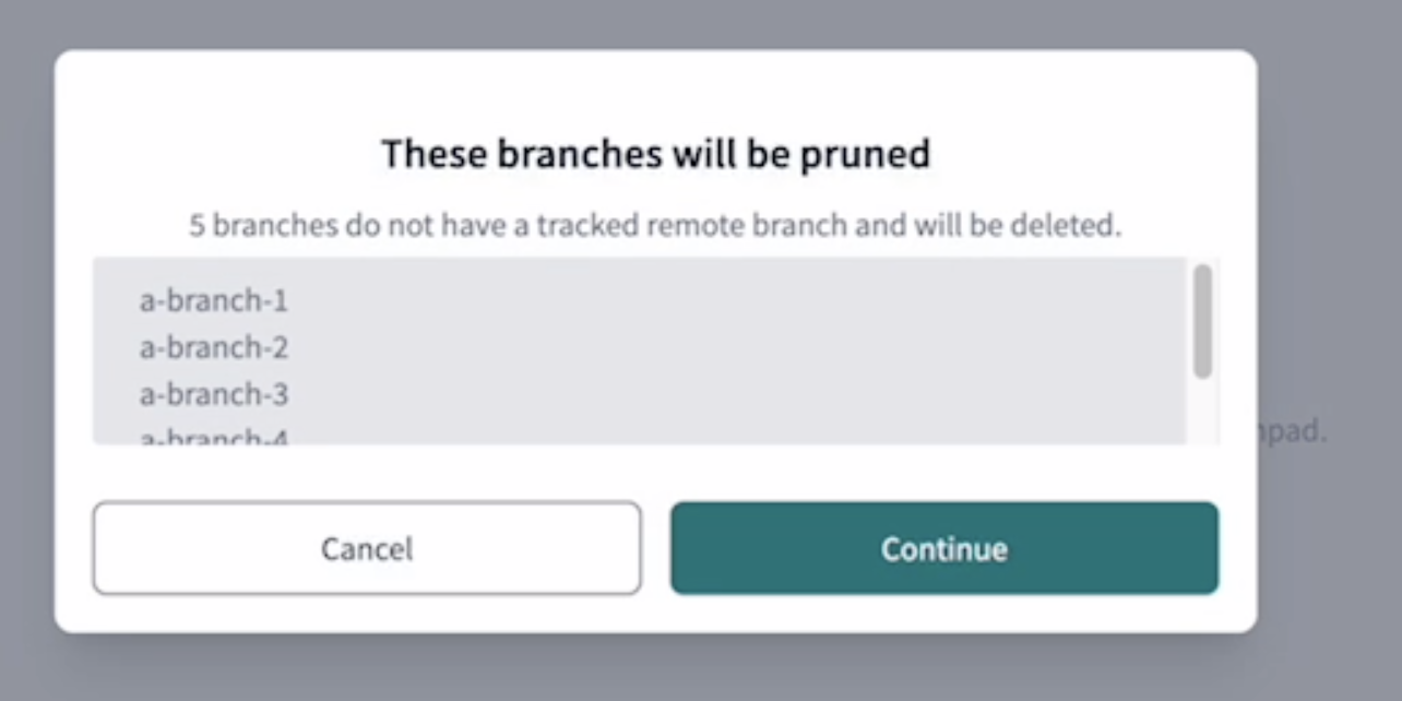 The Prune branches modal allows users to delete local branches that have already been deleted from the remote repository.