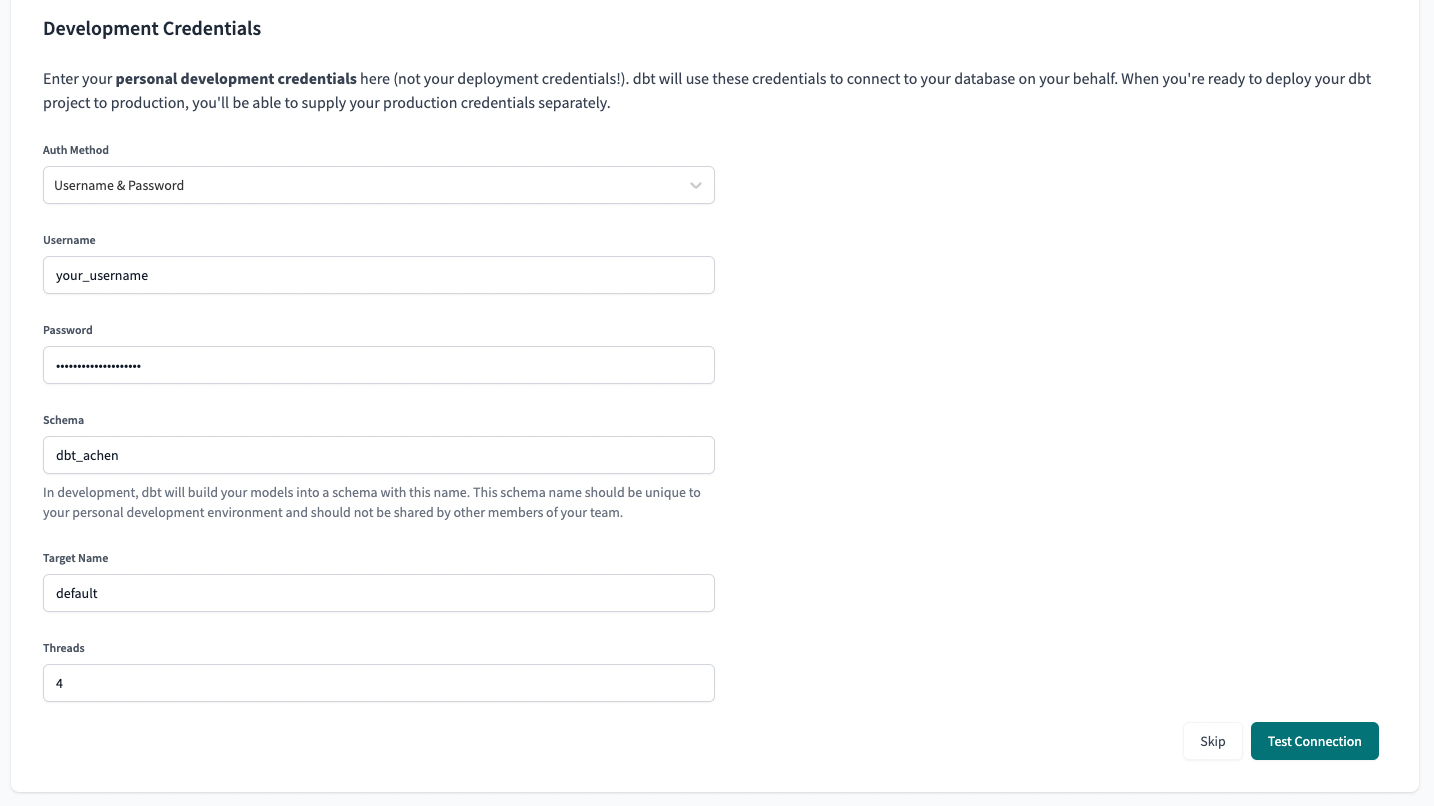 dbt Cloud - Snowflake Development Credentials